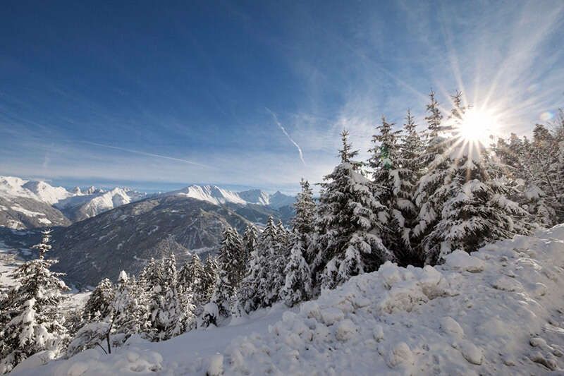 Winterlandschaft mit Wald und Berge in Tirol